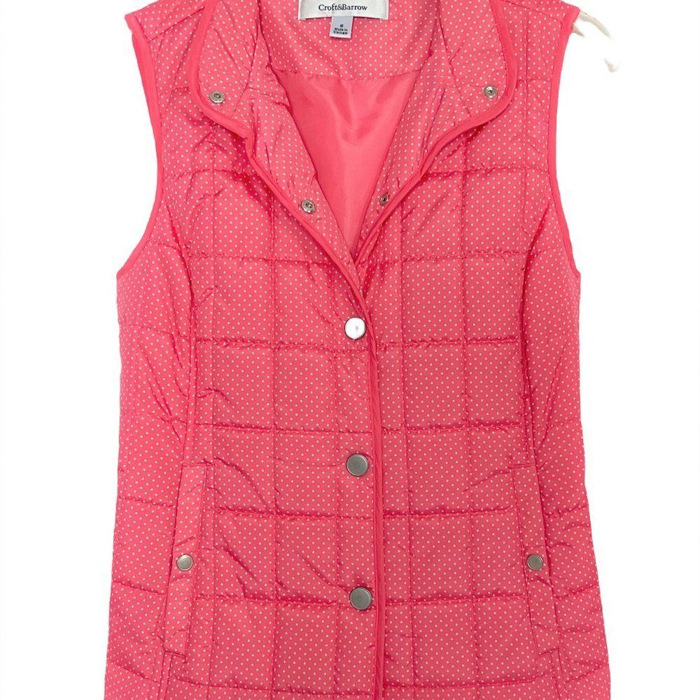 Croft & Barrow Vibrant Coral Polka Dot Quilted Snap-Front Puffer Vest SZ S